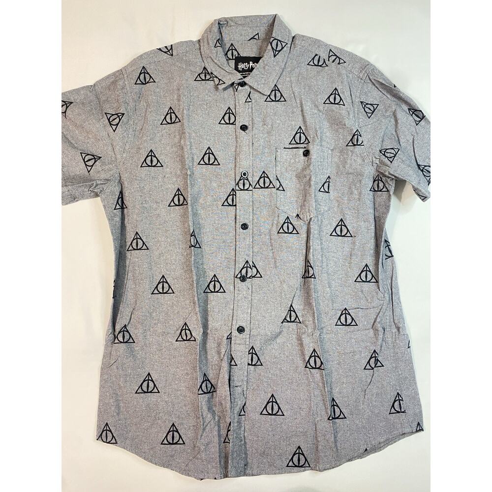Harry Potter Deathly Hallows Shirt Mens XL Grey Button Down Short Sleeve Wizard